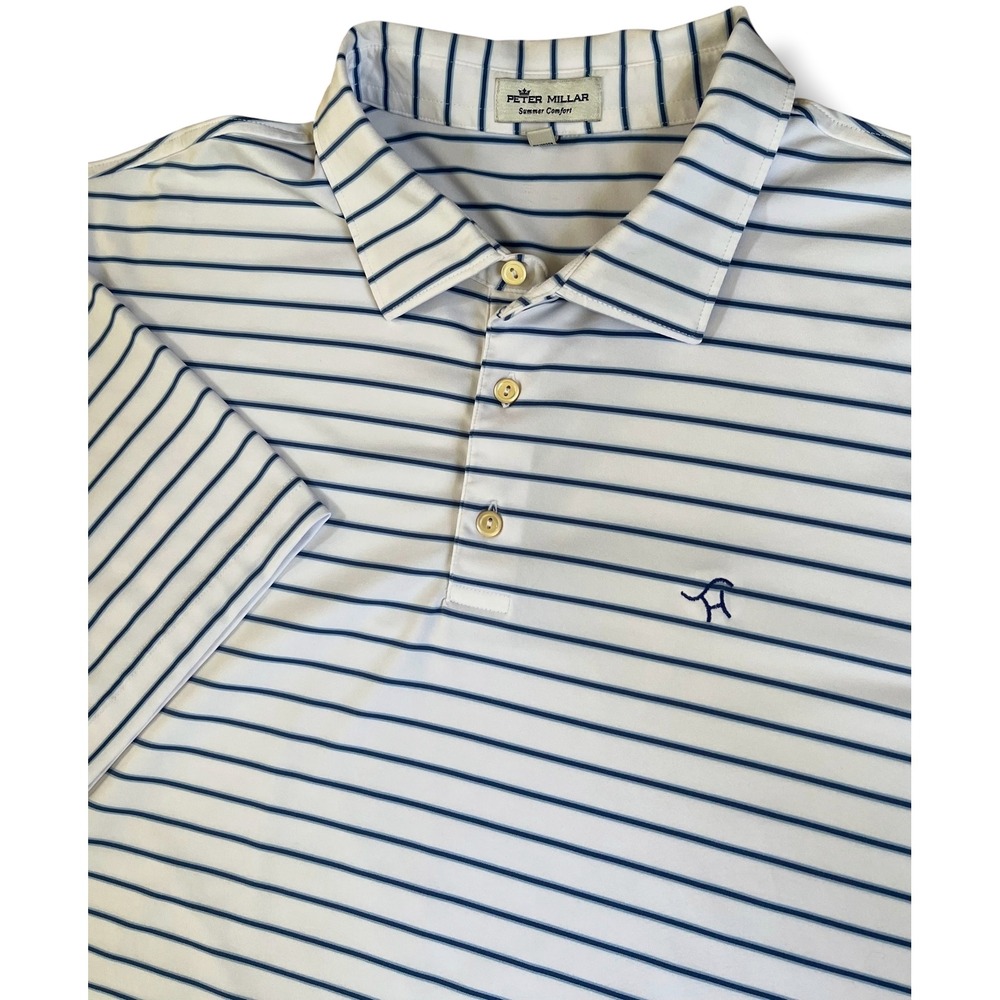 Peter Millar Summer Comfort Mens XXL Polo Shirt White Blue Striped Performance